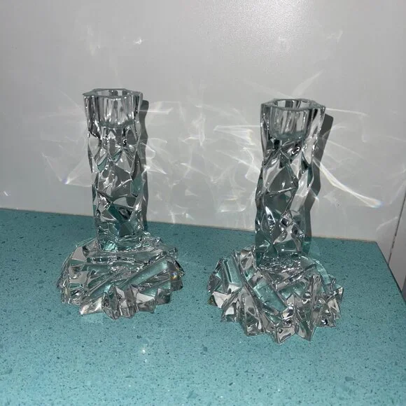 Tiffany Vintage MCM Candlesticks Rock Cut Crystal Set of 2 Collectible Decor - Picture 7 of 7